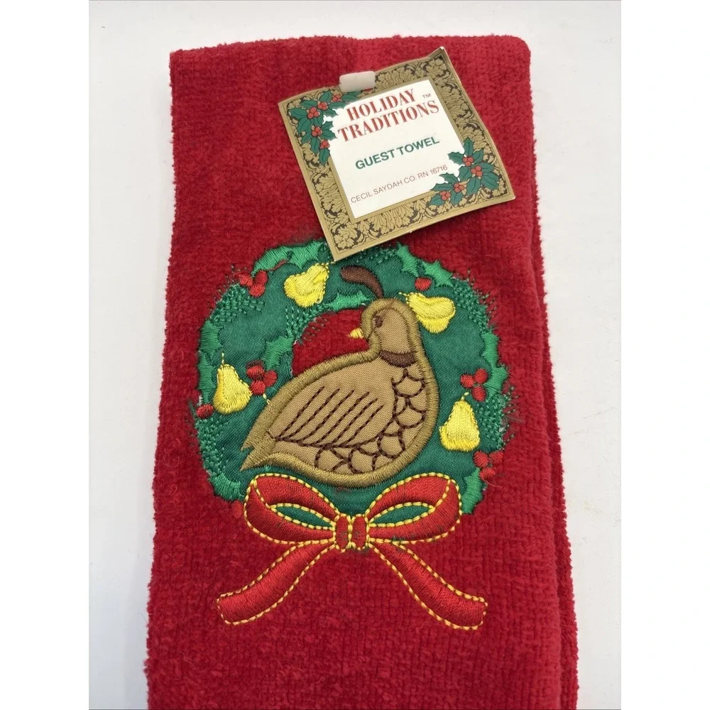 Vtg Holiday Traditions Christmas Guest Fingertip Towels Red Quail‎ Wreath NOS
